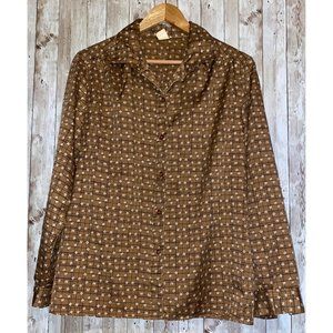Women's Vintage Cadisport Brown Button Up Plaid Floral Blouse Top Shirt Size 38